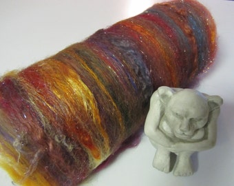 ROOSTER, Spinning fiber art batt, carded wool batt, sari silk, batt, textured bling batt, Angelina fiber, felting fiber, roving