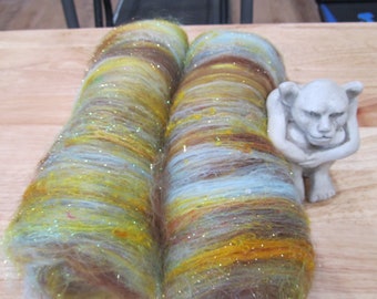 COZY CABIN,  fiber art batt for spinning, sari silk, Angelina, felting fiber, roving, carded wool, fiber batt,  spinning fiber