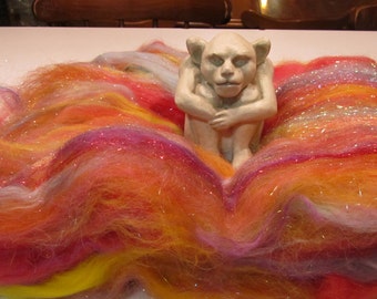 SUNSET, spinning fiber, fiber art batt, textured batt, bling batt, Angelina, felting fiber, fiber batt, art batt