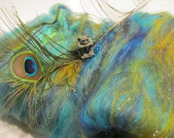 PEACOCK, spinning fiber, art batt, carded wool, sari silk, textured bling batt, fiber batt, Angelina fiber sparkle