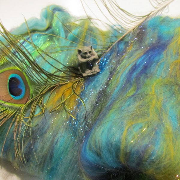 PEACOCK, spinning fiber, art batt, carded wool, sari silk, textured bling batt, fiber batt, Angelina fiber sparkle