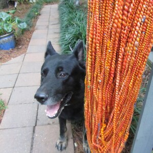 May include: A black dog with pointed ears and an open mouth stands next to a vertical bundle of twisted orange, yellow, and red yarn strands. The yarn is decorated with small, reflective sequins and beads woven throughout the textured fibers.