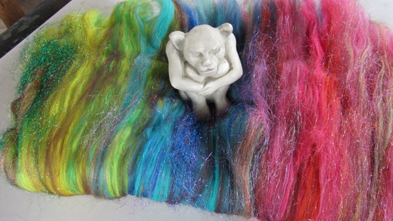 STAINED GLASS, fiber art batt for spinning, roving, drum carded batt, felting fiber, spinning fiber, batt, angelina fiber, spindle