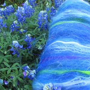 TEXAS BLUEBONNETS, spinning fiber, art batt, carded wool, sari silk, bling batt, Angelina, felting fiber, fiber batt