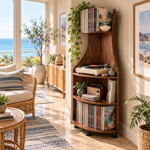 May include: A tall, curved, dark wood corner bookshelf with four shelves. The unit holds rows of books, a white record player, a small wooden radio, a grey case, and a trailing green plant. It stands on four black cylindrical feet.