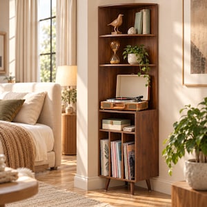 May include: A tall, dark wood corner shelving unit with five tiers. The top shelves hold a bird figurine, books, an hourglass, and a potted plant. A portable record player sits on the middle shelf, while the lower sections store vinyl records.