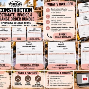 Pode incluir: Um pacote de formulários comerciais de construção incluindo orçamento, fatura, ordem de alteração e registro de pagamentos. Os documentos PDF imprimíveis incluem o logotipo Workready Prints e campos estruturados para dados financeiros.