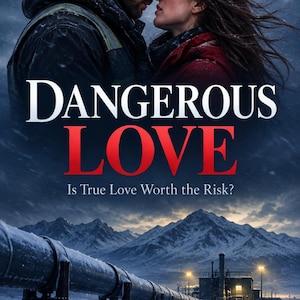 May include: A book cover titled Dangerous Love, Is True Love Worth the Risk? by G Angus. It features a couple in winter gear facing each other in a snowy landscape with a large industrial pipeline and mountains in the background.