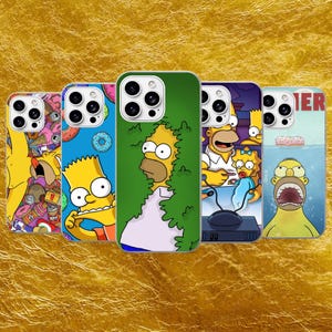 May include: A set of five smartphone cases featuring various colorful illustrations of characters from The Simpsons. Each case displays a unique scene, including Homer Simpson emerging from a hedge, Bart Simpson with donuts, and other iconic character moments.