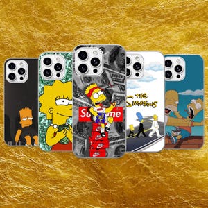 May include: Five smartphone cases featuring various illustrations of characters from The Simpsons. The designs include Bart Simpson, Lisa Simpson, and Homer Simpson, with graphic elements like US dollar bills, Nike shoeboxes, and the show's logo.