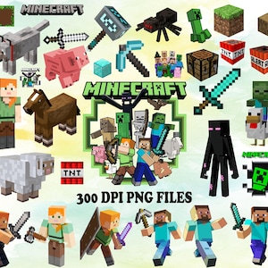 Może przedstawiać: Kolekcja cyfrowych ilustracji postaci i przedmiotów z gry Minecraft, w tym Steve, Alex, Endermeny, creepery, zwierzęta, narzędzia i bloki TNT. Zestaw zawiera różne pikselowe figurki, broń oraz elementy graficzne z logo Minecraft.