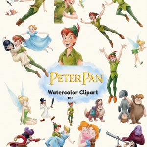 Puede incluir: Una colección de ilustraciones en acuarela que presentan a Peter Pan, Campanilla, Wendy, el Capitán Garfio y otros personajes. El texto central dice Peter Pan Watercolor Clipart 104, rodeado de varias poses de los personajes en vuelo y acción.