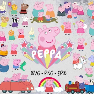 May include: A collection of digital illustrations featuring Peppa Pig characters in various outfits and activities, including riding a red car, a train, and a hot air balloon, with the text PEPPA, SVG, PNG, and EPS displayed in the centre.
