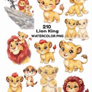 May include: A collection of watercolor illustrations featuring various lion cubs, a mandrill, and a meerkat. The images include characters with crowns, butterflies, and red manes. The text 210 Lion King WATERCOLOR PNG is centered in the middle of the page.