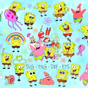 May include: A digital collection of SpongeBob SquarePants characters including SpongeBob, Patrick Star, Squidward, Mr. Krabs, Sandy Cheeks, Gary the Snail, and Plankton in various poses on a light blue background with the text SVG - PNG - DXF - EPS.