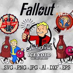Peut inclure: Une collection de designs graphiques Fallout Nuka-Cola avec le personnage Vault Boy, diverses illustrations de bouteilles de soda et le texte Fallout, Nuka-Cola, Ice Cold, Vault Boy Approved, et les formats de fichier SVG, PNG, JPG, AI, DXF, EPS.