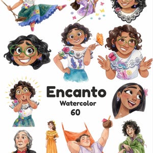 May include: A collection of watercolor illustrations featuring characters from Encanto, including Mirabel in various poses, an older woman with a candle, a person in a yellow dress, a person in a hammock, and a person in a green cloak with rats.