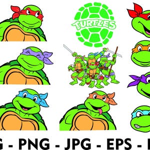 Op de afbeelding: Een digitale grafische collectie met Teenage Mutant Ninja Turtles-personages in verschillende houdingen, waaronder portretten met rode, oranje, paarse en blauwe maskers, een groepsactiescène en een schildpadschildlogo met de tekst TURTLES. SVG - PNG - JPG - EPS - DXF.
