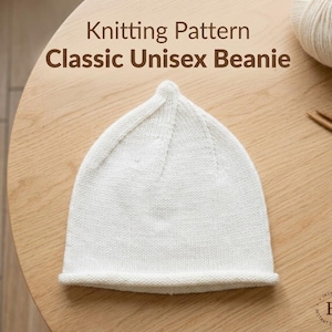 Classic Beanie Knitting Pattern, Rolled Brim Unisex Hat Knit Pattern
