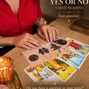 Op de afbeelding: Een tarotkaartlegging met verschillende kaarten op een houten ondergrond. De tekst luidt YES OR NO TAROT READING, Your question: en Do you have a question in your mind? Een brandende kaars in een gouden houder met textuur is zichtbaar.