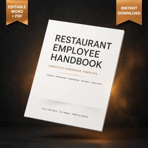 Könnte beinhalten: Ein weißes Dokumentencover mit dem Titel Restaurant Employee Handbook und dem Untertitel Employee Handbook Template. Es listet Richtlinien, Verfahren, Onboarding, Training und Compliance auf. Der Text gibt an, dass es vollständig editierbar, 55+ Seiten lang sowie druckbar und digital ist.