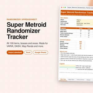 Könnte beinhalten: Eine digitale Super Metroid Randomizer Tracker Tabellenkalkulation auf einem Bildschirm. Die Benutzeroberfläche zeigt orangefarbene Kopfzeilen, Fortschrittsbalken sowie Abschnitte für Spieldetails, Ausrüstung und Anweisungen für Excel und Google Sheets.