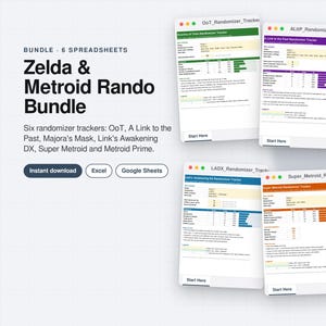 Puede incluir: Un paquete digital de seis hojas de cálculo para el seguimiento de juegos randomizer de Zelda y Metroid, incluyendo Ocarina of Time, A Link to the Past, Majora's Mask, Link's Awakening DX, Super Metroid y Metroid Prime, para Excel y Google Sheets.