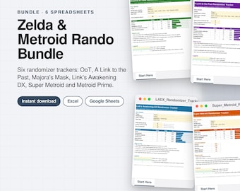 Op de afbeelding: Een digitaal pakket met zes spreadsheets voor het bijhouden van Zelda- en Metroid-randomizer-spellen, waaronder Ocarina of Time, A Link to the Past, Majora's Mask, Link's Awakening DX, Super Metroid en Metroid Prime, geschikt voor Excel en Google Sheets.