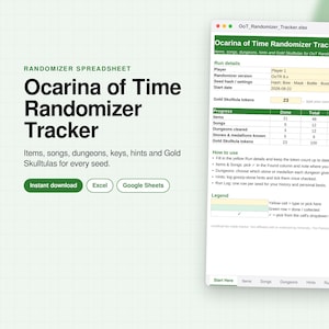 Puede incluir: Una hoja de cálculo digital Ocarina of Time Randomizer Tracker mostrada en una ventana. La interfaz incluye secciones para detalles de la partida, barras de progreso para objetos, canciones y mazmorras, y una leyenda para Excel o Google Sheets.