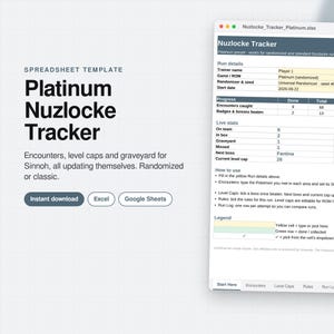 Puede incluir: Una plantilla de hoja de cálculo digital titulada Platinum Nuzlocke Tracker para seguir el progreso del juego. La interfaz muestra detalles de la partida, estadísticas en vivo e instrucciones, con secciones para encuentros, medallas y un cementerio.