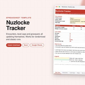 May include: A digital spreadsheet template titled Nuzlocke Tracker, featuring sections for run details, progress, live stats, and instructions. The interface includes red headers, yellow input cells, and tabs for Start Here, Encounters, Level Caps, Rules, and Run Log.
