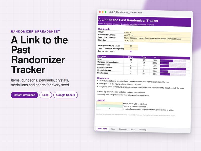 Op de afbeelding: Een digitaal spreadsheet-tracker voor A Link to the Past Randomizer, met paarse koppen en witte cellen. De interface toont run-details, voortgangsbalken en instructies voor het bijhouden van items, dungeons, hangers en kristallen in Excel of Google Sheets.