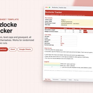 Op de afbeelding: Een digitaal spreadsheet-sjabloon getiteld Nuzlocke Tracker, met secties voor run-details, voortgang, live statistieken en instructies. De interface bevat rode koppen, gele invoercellen en tabbladen voor Start Here, Encounters, Level Caps, Rules en Run Log.