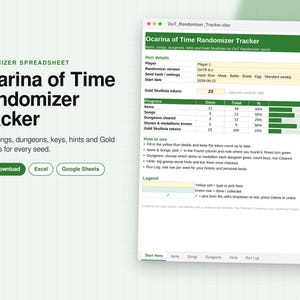 Op de afbeelding: Een digitaal Ocarina of Time Randomizer Tracker spreadsheet weergegeven in een venster. De interface bevat secties voor run-details, voortgangsbalken voor items, liedjes en kerkers, en een legenda voor gegevensinvoer in Excel of Google Sheets.