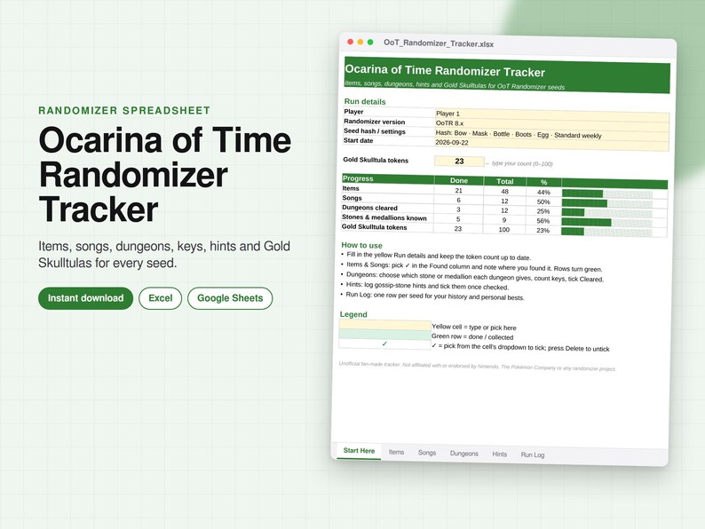 Op de afbeelding: Een digitaal Ocarina of Time Randomizer Tracker spreadsheet weergegeven in een venster. De interface bevat secties voor run-details, voortgangsbalken voor items, liedjes en kerkers, en een legenda voor gegevensinvoer in Excel of Google Sheets.