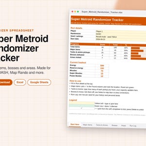 Op de afbeelding: Een digitaal Super Metroid Randomizer Tracker spreadsheet weergegeven op een scherm. De interface bevat oranje koppen, voortgangsbalken en secties voor run-details, huidige uitrusting en instructies voor Excel en Google Sheets gebruikers.