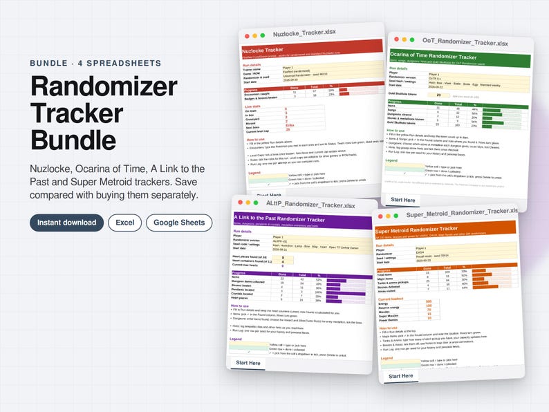 Op de afbeelding: Een digitaal pakket van vier spreadsheets voor het bijhouden van games, inclusief Nuzlocke, Ocarina of Time, A Link to the Past en Super Metroid trackers. De weergave toont vier vensterinterfaces met kleurgecodeerde koppen in rood, groen, paars en oranje.