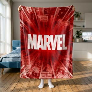 Marvel Comic Blanket, Explosive Action Fleece Throw, Red Comic Book Blanket, Marvel Fan Gift, Superhero Room Decor, Comic Lover Cozy Throw