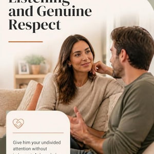 以下が含まれることがあります： Active Listening and Genuine Respectというテキストが書かれたグラフィックポスター。その下には、ベージュのセーターを着た人物が緑のシャツを着た人物を見つめている様子が描かれている。白い枠内にはハートのアイコンと次のテキストがある：Give him your undivided attention without judgment. Acknowledge his efforts and value his opinions to build mutual trust.