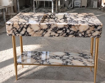 Luxury Fluted Marble Bathroom Vanity, Calacatta Viola Stone Sink, Gold Metal Legs, Marble Lower Shelf