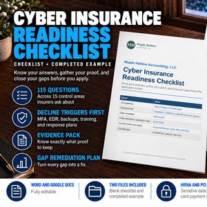 May include: A Cyber Insurance Readiness Checklist document set featuring a blank form and a completed example. The pages include tables detailing control areas, decline triggers, and evidence requirements for insurance applications.