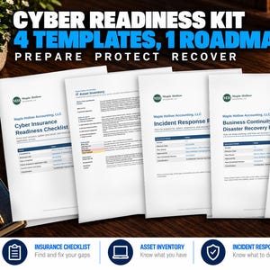 Op de afbeelding: Een Cyber Readiness Kit met vier sjablonen en één stappenplan, inclusief een checklist voor cyberverzekeringsgereedheid, IT-activainventaris, incidentresponsplan en een bedrijfscontinuïteits- en herstelplan, voorzien van het Maple Hollow Accounting-logo.