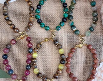 Tiger Eye Mala Bracelet, Ohm Charm, Spiritual Prayer Beads