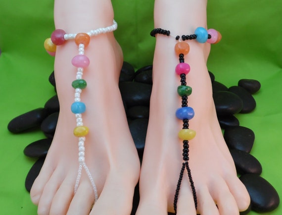 Bright Colors Pebble Barefoot Sandals, White Black Blue Yellow Pink Green Orange Red Beads, Stretch Bright Colors Pebble Barefoot Sandals, White Black Blue Yellow Pink Green Orange Red Beads, Stretch