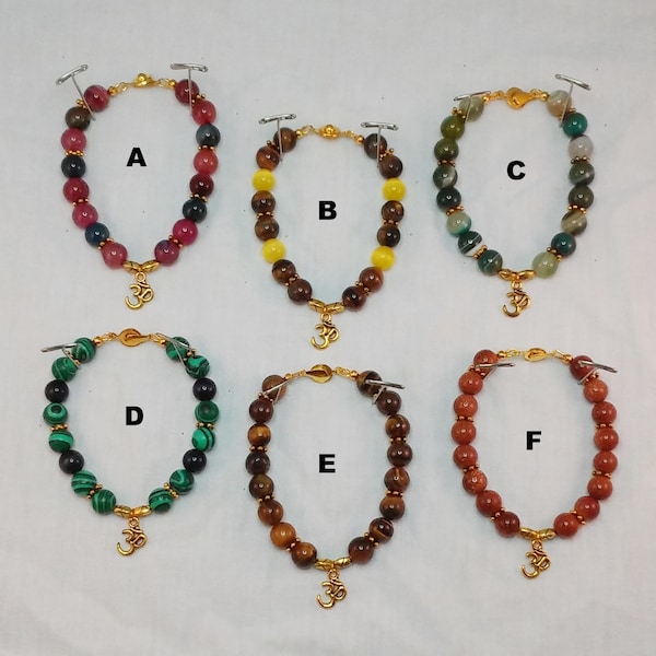 Mala Style Bracelet, Ohm, Tiger Eye, Cat Eye, Dragon Veins, Gold Sandstone, Malachite, Agate, Spiritual, Prayer Beads