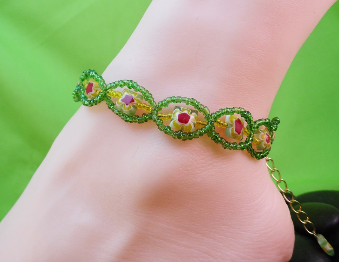 Flower Anklets Seed Beads Green Yellow White Red Gold Etsy