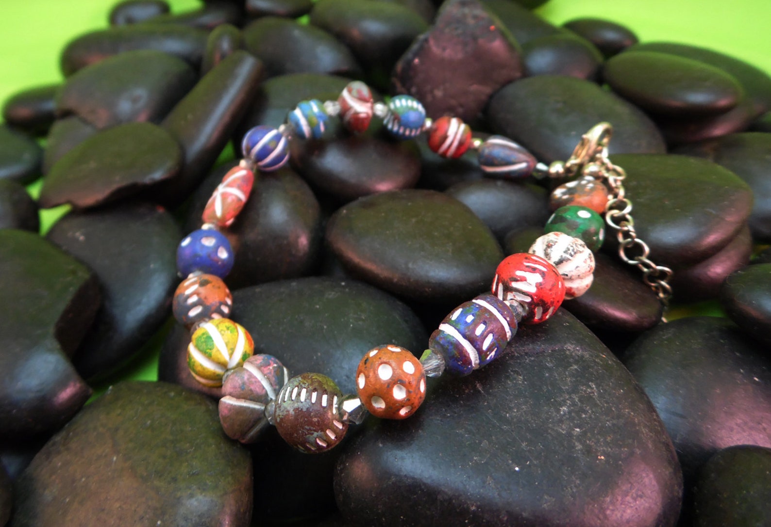 Painted Clay Beads and Crystals Anklet, Yellow Red Blue Green White