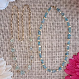 Necklace, Spiritual, Fluorite Octahedron, Gold Tone, Rope Chain, Aquamarine, Pearls, March June Birthstones, Gift for Her
