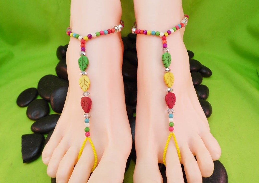 Howlite Leaves Barefoot Sandals, Green Yellow Red Leaves, Purple White ...