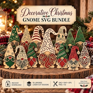 May include: A collection of 10 layered laser-cut gnome designs for Christmas, featuring intricate patterns in red, green, and natural wood tones. The image includes the text Decorative Christmas GNOME SVG BUNDLE, 10 LAYERED LASER-CUT DESIGNS, and INSTANT DOWNLOAD.